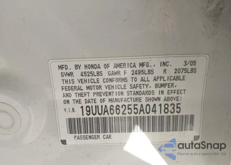 2005 Acura Tl from USA, damaged, VIN 19UUA66255A041835